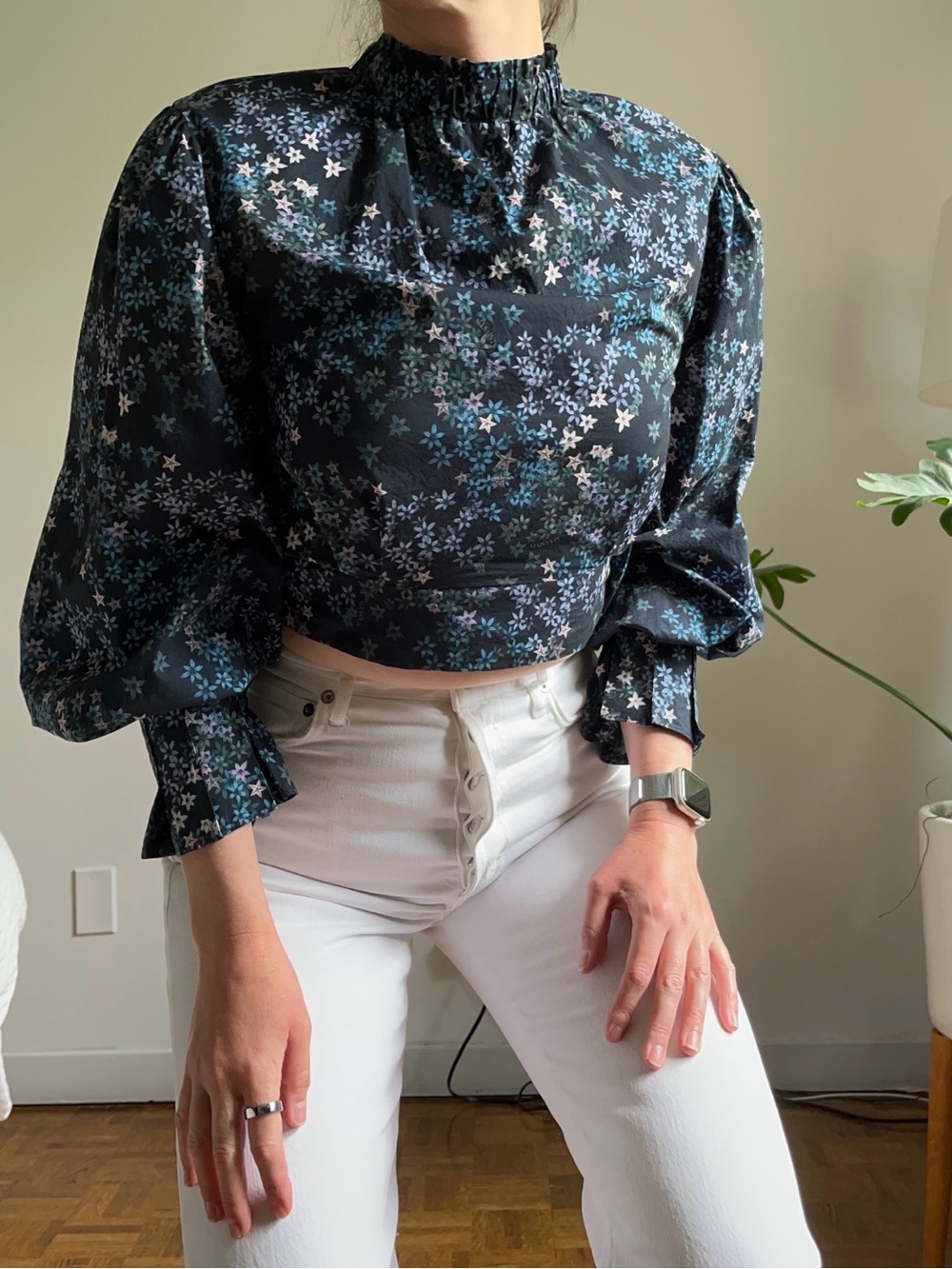 All Saints Black Floral High-Neck Puff Sleeve Crop Top